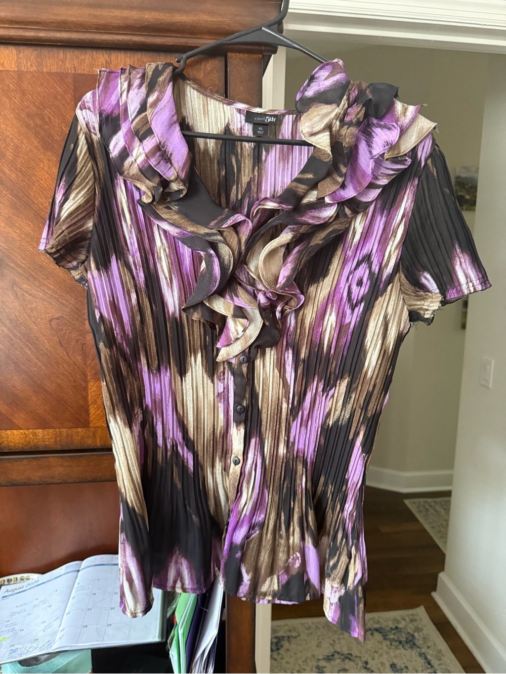 East 5th Ruffled Button-Front Blouse in Purple and Brown